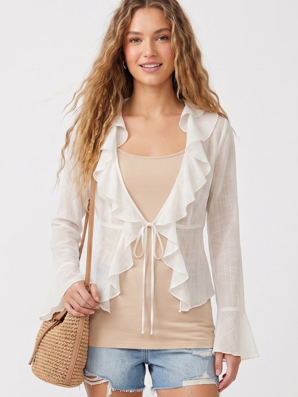 Sheer Lightweight Ivory Ruffle Trim Tie-Front Blouse Size XS, Bohemian, Romantic